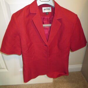 Kasper Skirt Suit Women's Red, short Sleeve Size=8P, 55% Linen, 45% Rayon